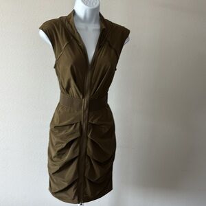 Bebe Dress S Olive Green Ruched Bodycon Zip Sleeveless Mini Y2K Urban Streetwear